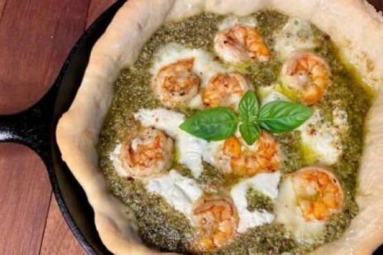 Cast Iron Shrimp Pizza with Pecan Basil Pesto