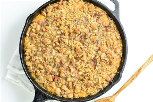 Skillet Sweet Potato Casserole with Bacon, Brown Sugar Crumble