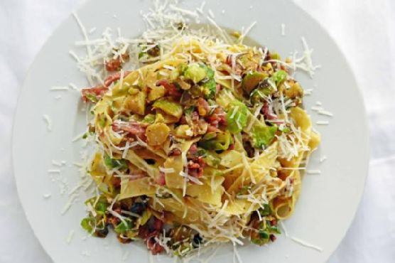 Brussels Sprout Carbonara with Fettuccini