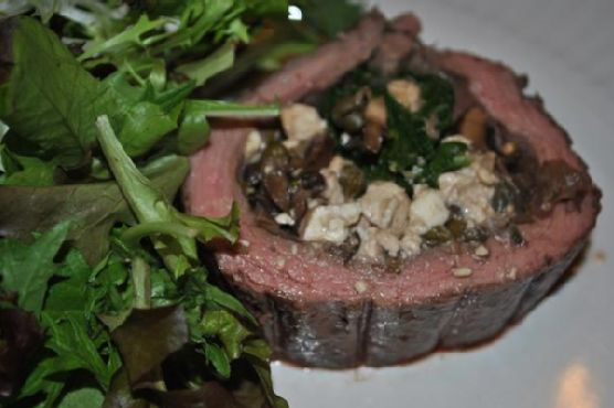 Flank Steak Stuffed With Mushrooms and Feta Cheese